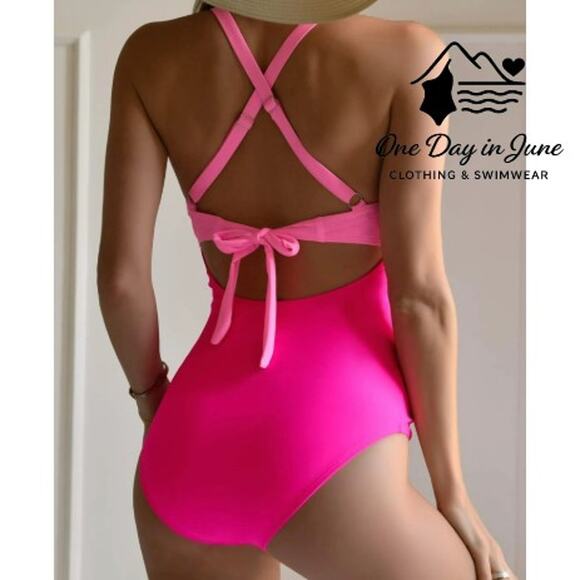 Eomenie Cross Front Cut Out Tie Back One Piece Swimsuit Size L - Picture 2 of 6
